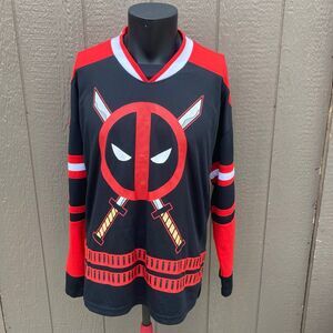 Deadpool Hockey Jersey Shirt men’s size large  Black Red Marvel Movie Comic